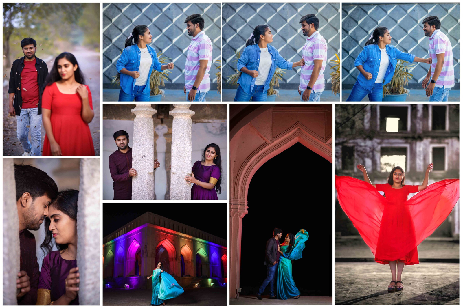Bride playfully punching the groom during a fun couple shoot, both laughing and dressed in traditional wedding attire, showing their energetic chemistry.