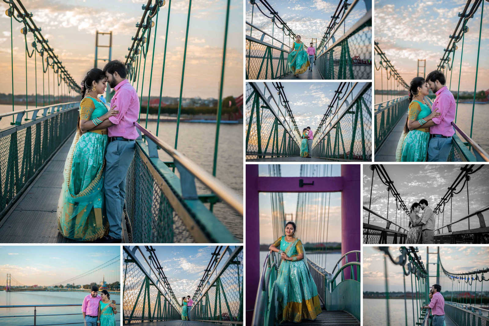 Wide-angle portrait of a couple standing on a bridge in traditional attire, surrounded by nature, capturing their bond in a cinematic and serene setting.