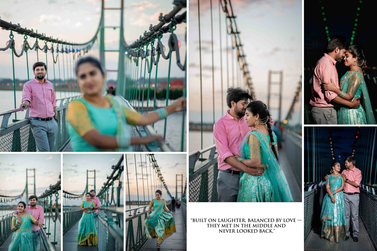 Bride and groom in traditional attire standing closely on a rustic bridge, sharing an intimate moment during a couple shoot, surrounded by nature.