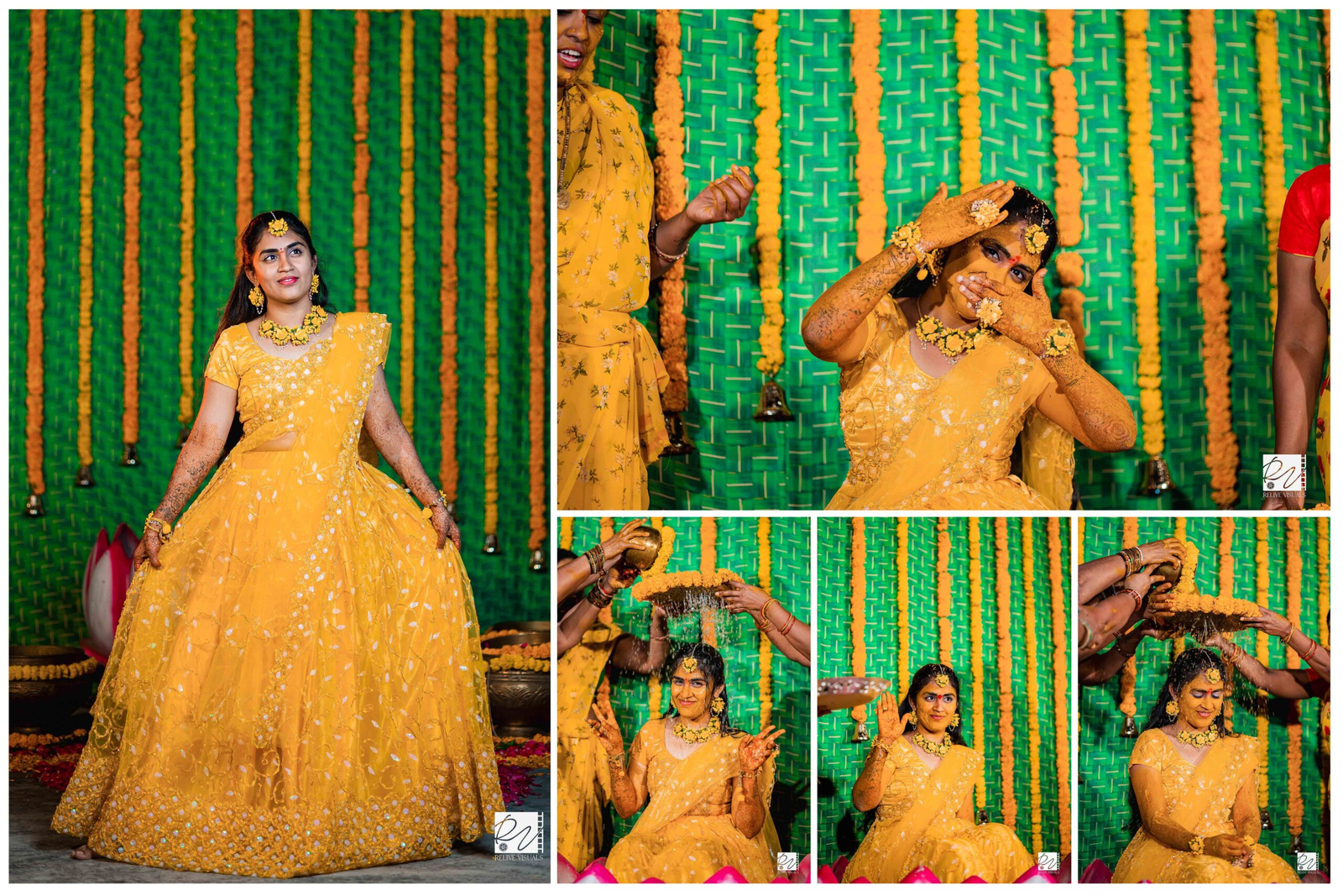 Portrait of a bride before the Haldi ceremony, dressed in a simple yellow or floral outfit with floral jewelry, radiating calm and grace before the celebration begins