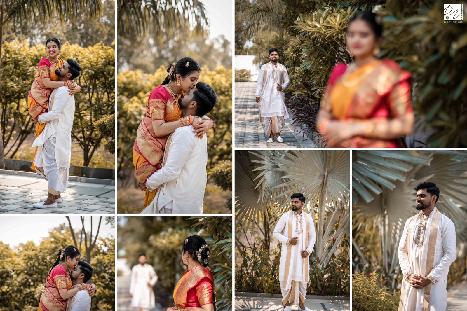Groom seeing the bride for the first time in her wedding saree, his face filled with awe, love, and emotion.