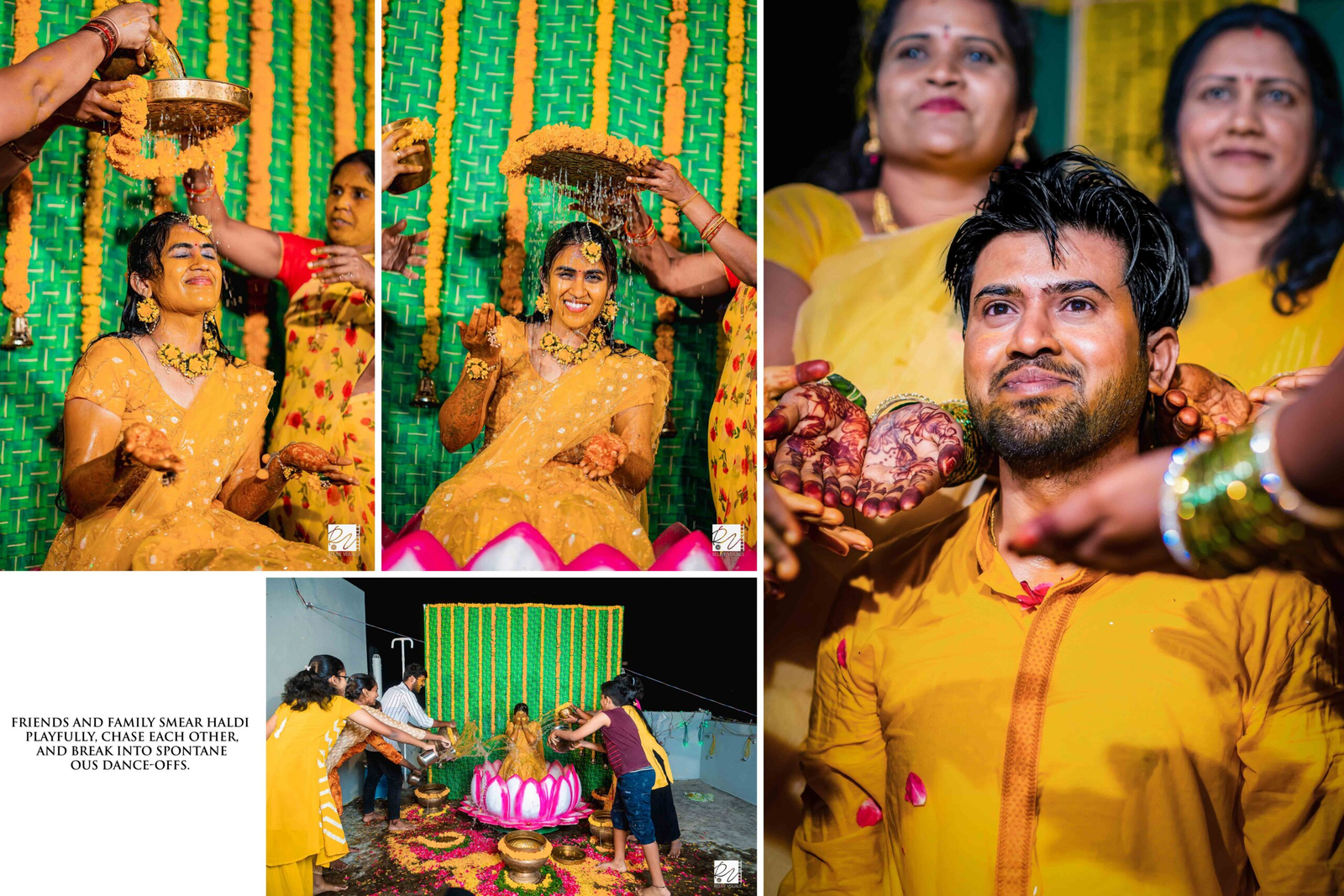 Telugu bride laughing joyfully as water is splashed on her during Haldi ceremony, surrounded by family and friends, soaked in tradition and celebration.