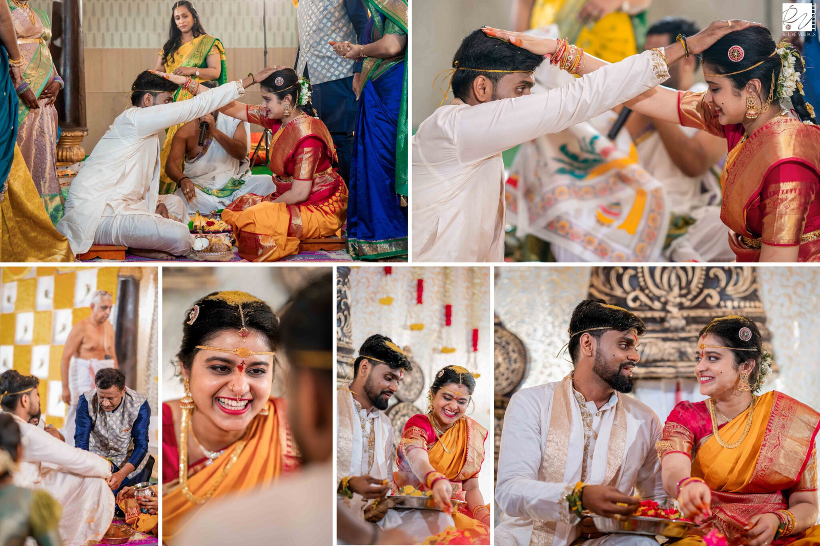 Bride and groom performing the Jeelakarra Bellam ritual during the wedding, touching foreheads and placing the sacred paste together.