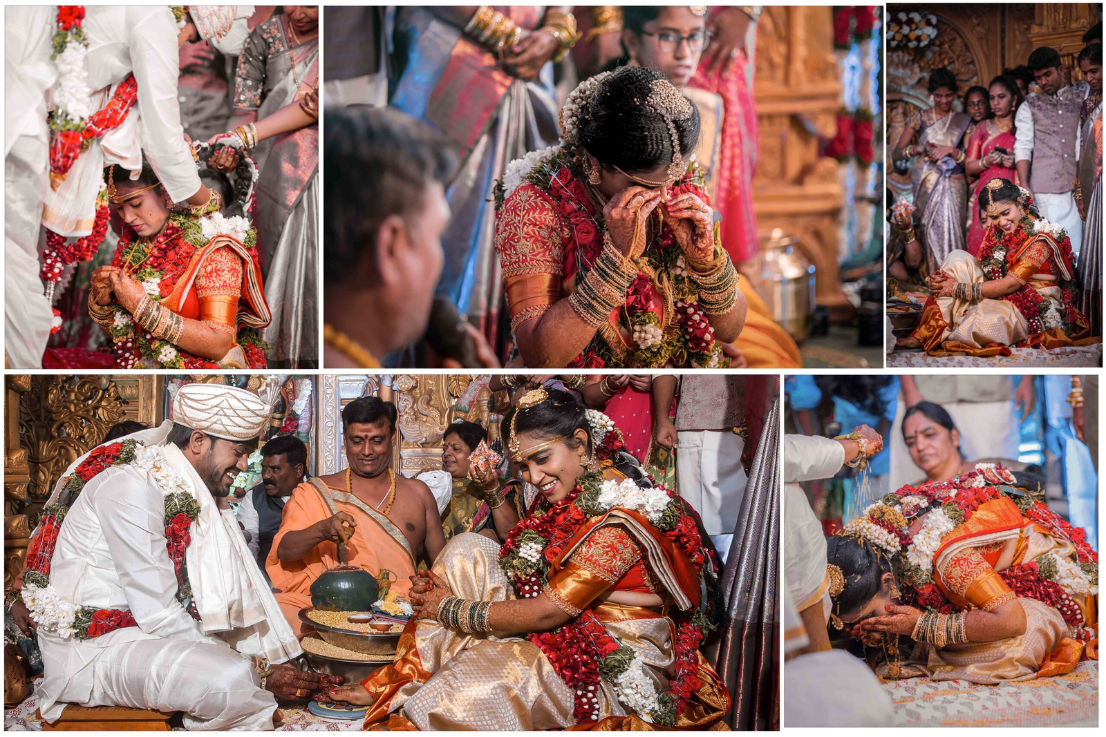 Telugu groom tying the thāli (mangalsutra) around the bride’s neck during the wedding ceremony, surrounded by family and priests, marking the sacred moment of union.