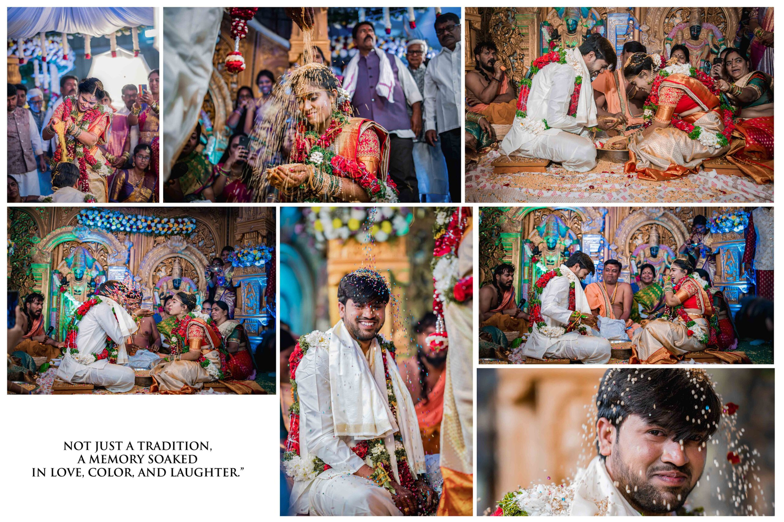 Bride and groom performing the Thāḷambārlu ritual during a Telugu wedding, smiling as they shower each other with rice, surrounded by family and festive decor.