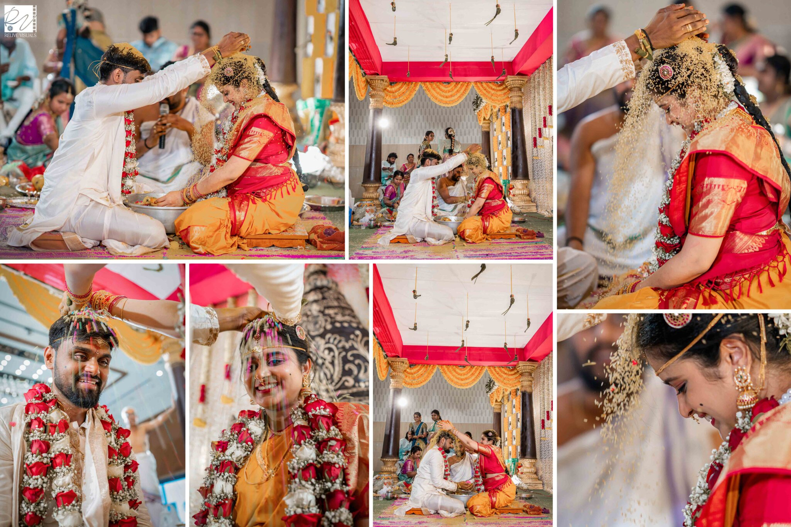 Bride and groom performing the Thalabarlu ritual during their Telugu wedding, smiling as they shower rice over each other.