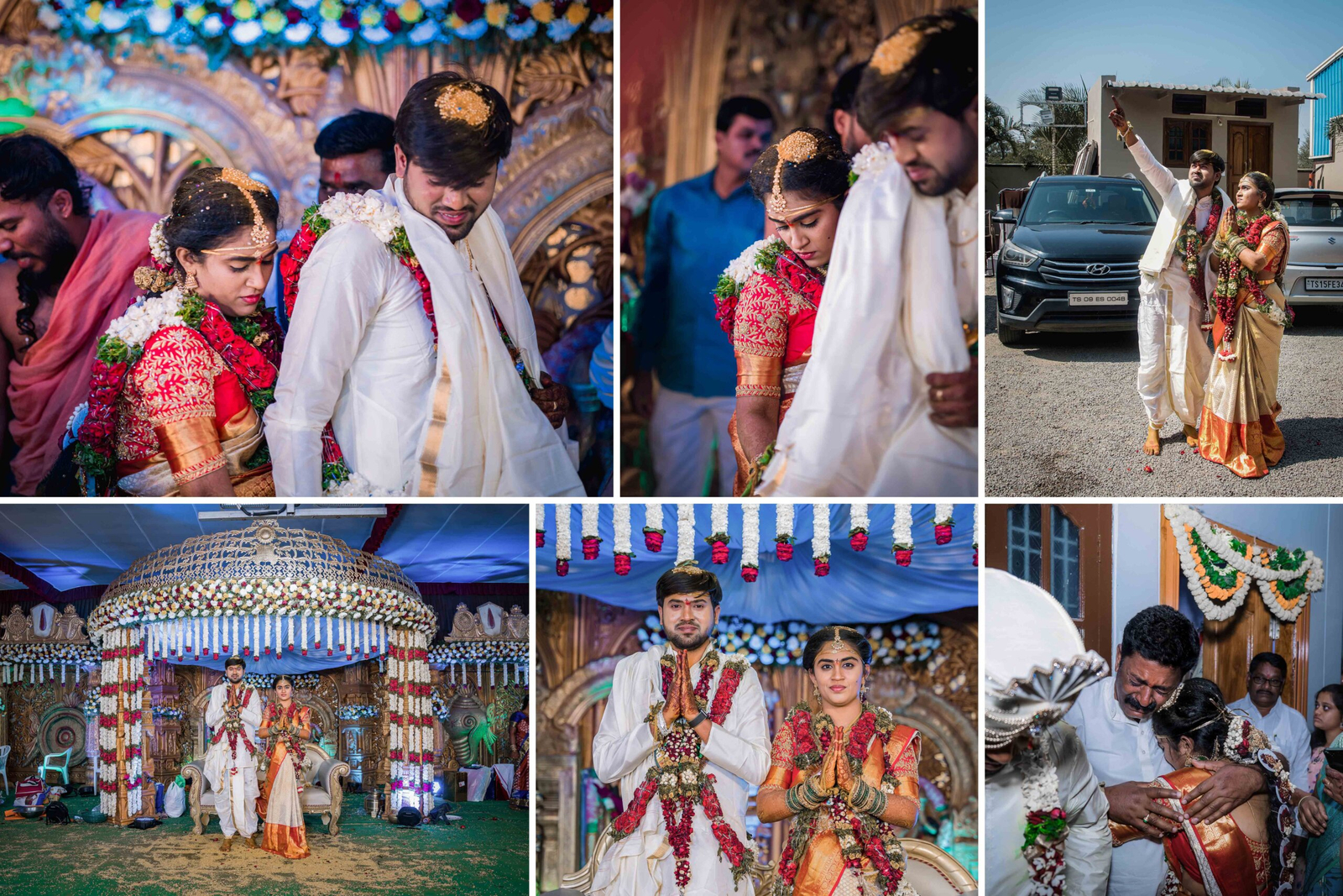 Bride and groom performing the Arundhati Nakshatram ritual during a Telugu wedding, looking toward the sky guided by the priest, symbolizing a spiritually aligned marriage.