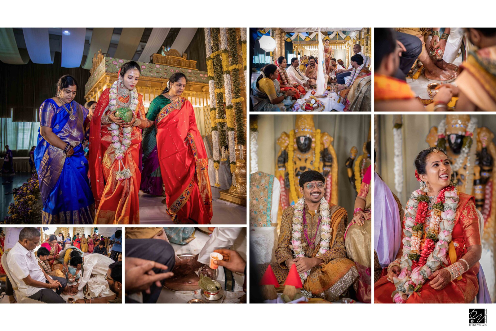 Bride and groom seated together during a traditional wedding pooja, surrounded by sacred rituals.