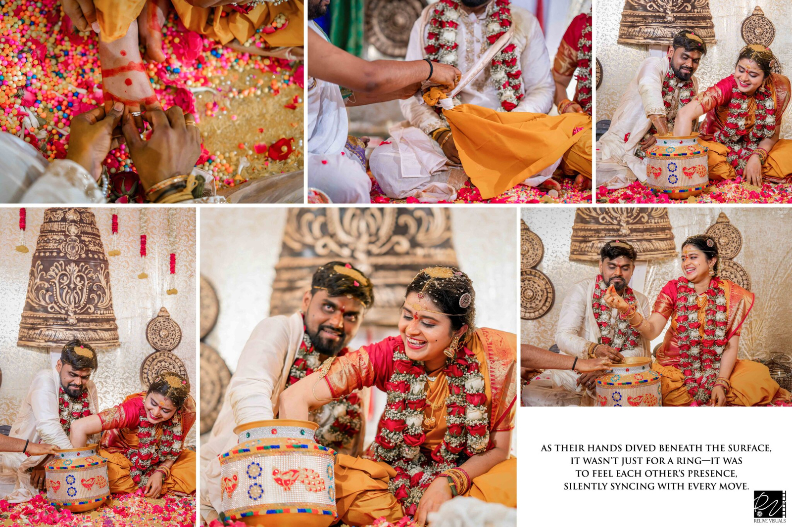 Bride and groom playing the traditional ring game after the wedding, smiling and laughing as they search for the ring in a bowl of water.