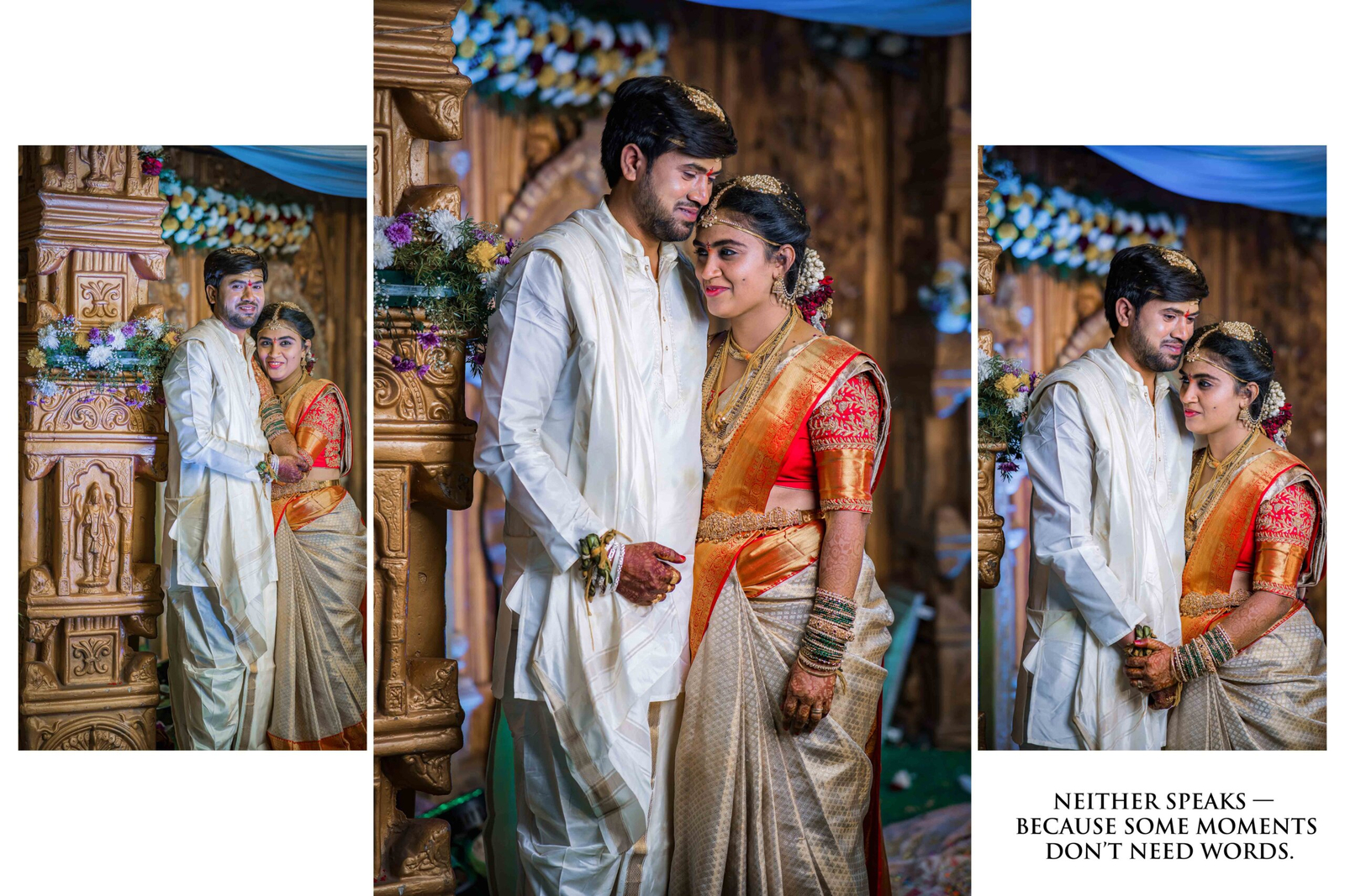 Bride and groom captured in their final wedding portraits, standing together in traditional attire, sharing a soft, emotional moment after the ceremony.