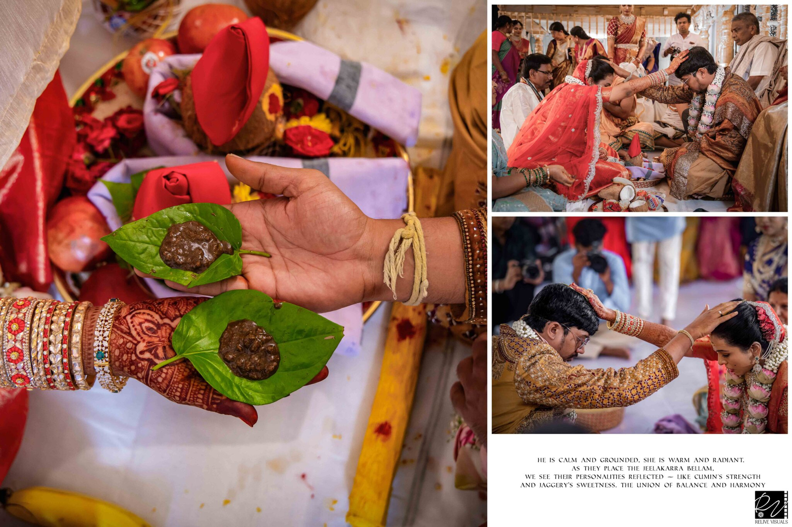 Bride and groom placing jeelakarra bellam on each other’s heads during the wedding ritual.