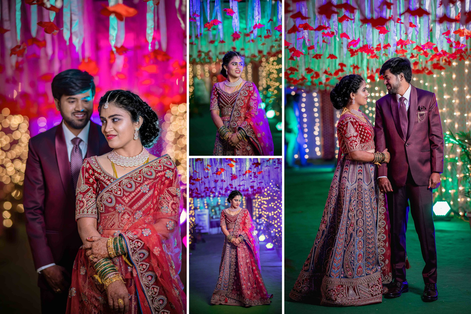 Bride and groom standing close to each other during their wedding reception, dressed in stylish attire, sharing a romantic and intimate moment.