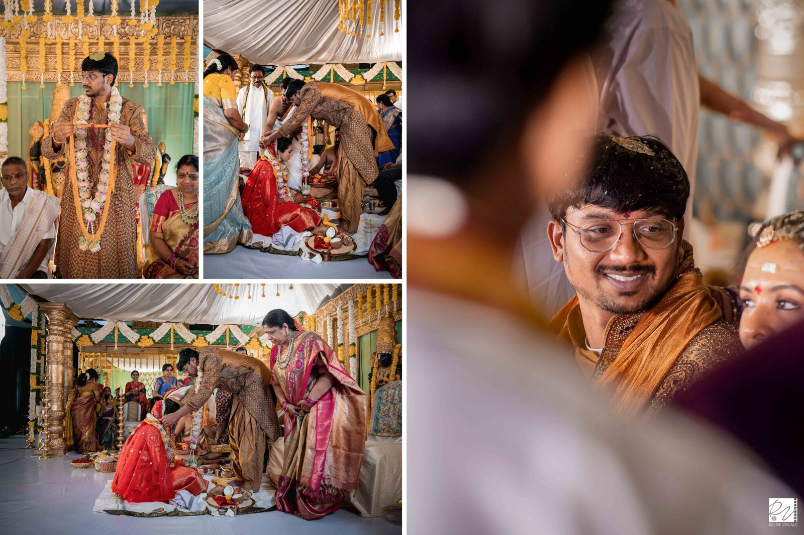Bride with folded hands, eyes closed, as the groom ties the mangalsutra amidst traditional rituals.