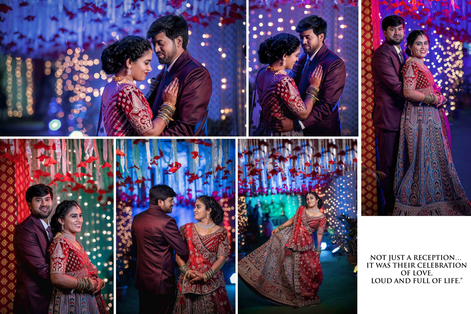 Bride and groom captured in reception portraits, dressed in elegant attire, smiling and posing together in a beautifully decorated venue.