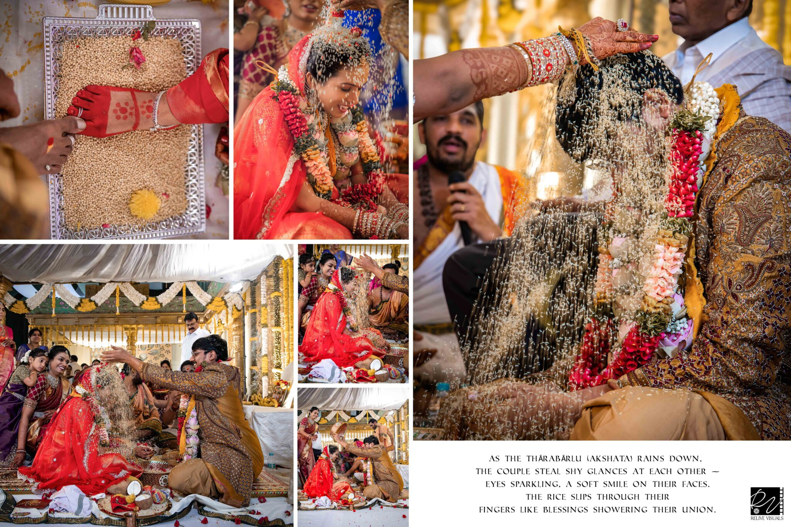 Bride and groom smiling as family showers thalararlu (rice grains) over them during the wedding.