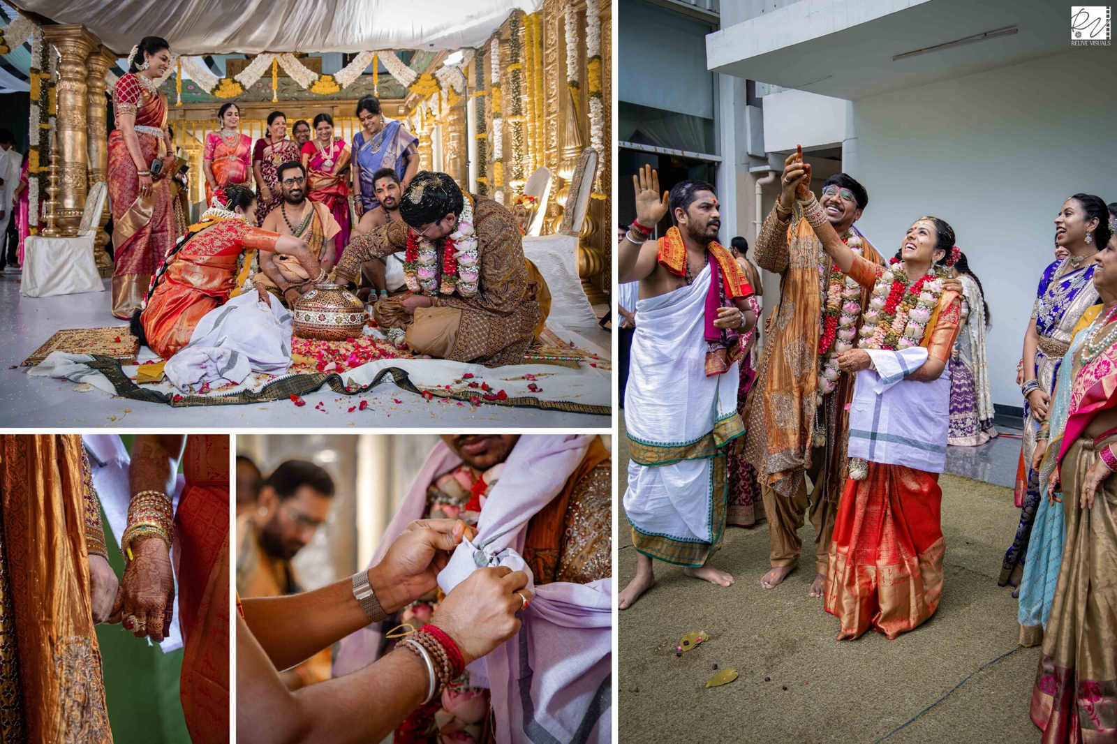 Bride and groom laughing as they search for a ring in a silver pot filled with water. Bride and groom looking up at the sky, guided by the priest, during the Arundhati nakshatram ritual.
