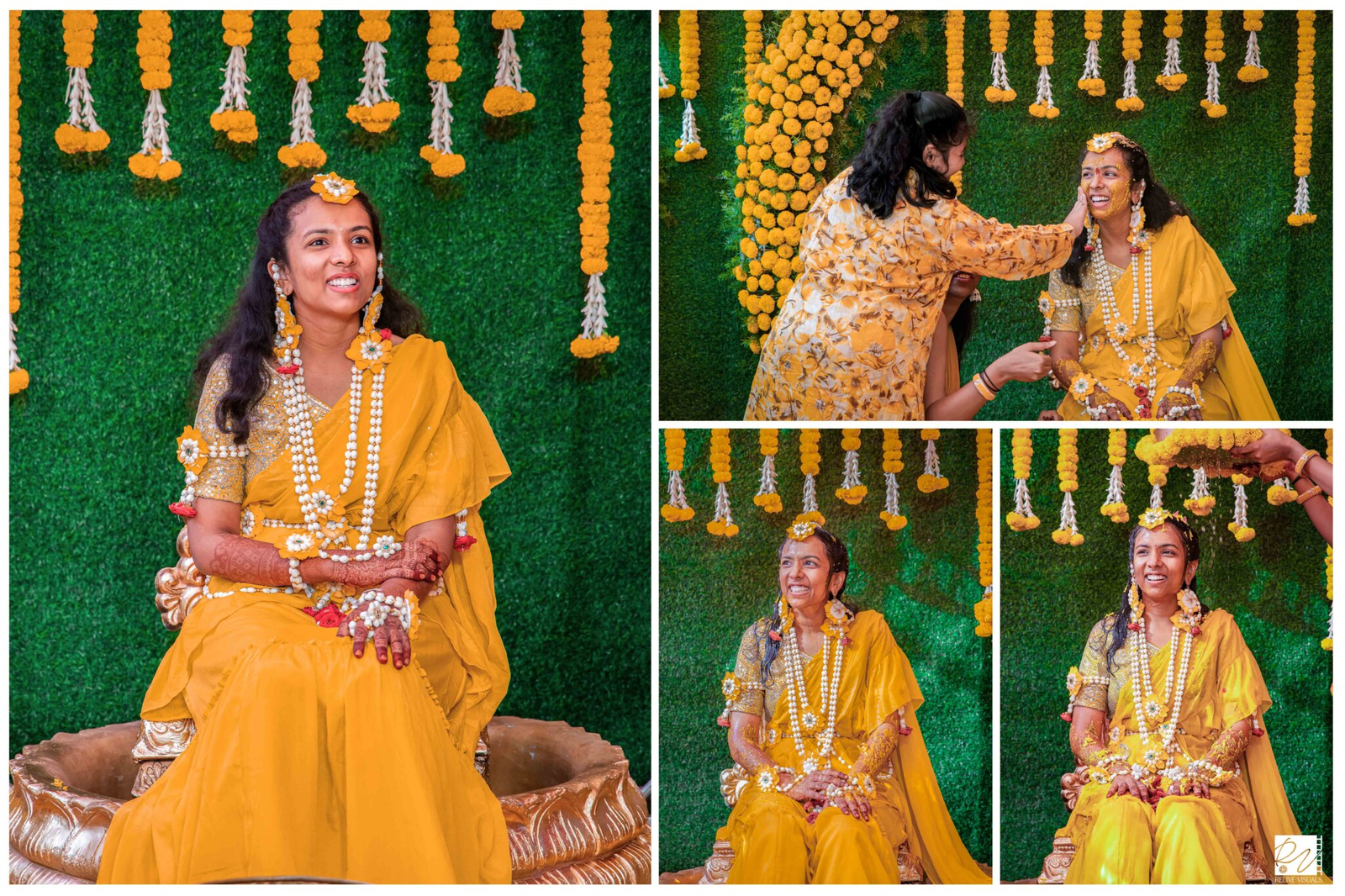 Bride seated joyfully while loved ones apply Haldi (turmeric) paste on her face and hands during a traditional Indian pre-wedding ceremony.