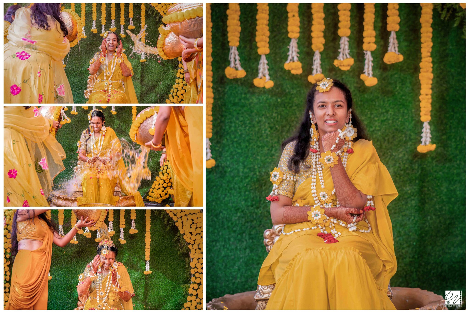 Bride sitting on a chair, laughing joyfully as water splashes on her during the Haldi ceremony.