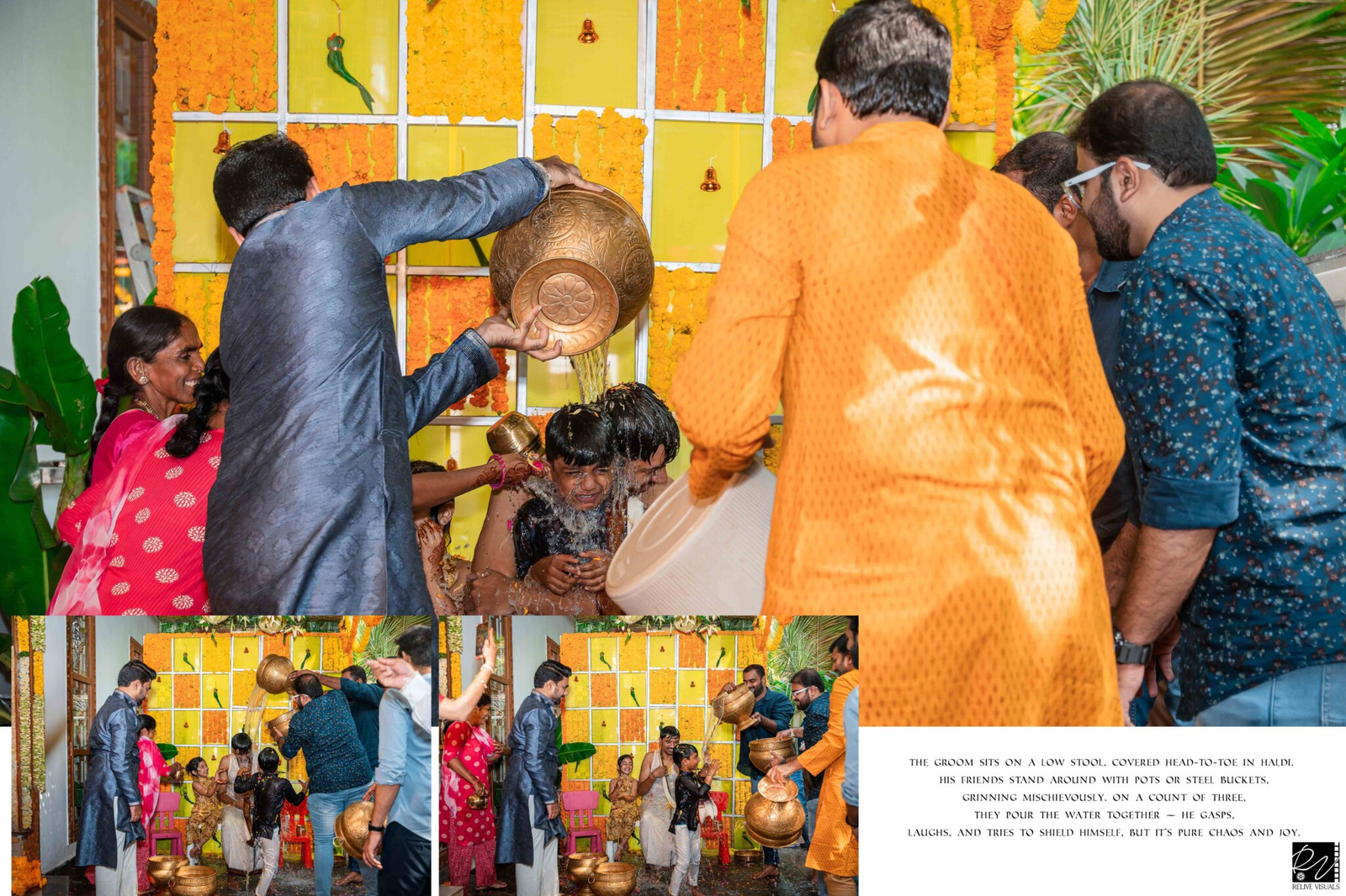 Groom sitting with a playful grin as water splashes over him during the Haldi ceremony, surrounded by cheering friends and family.