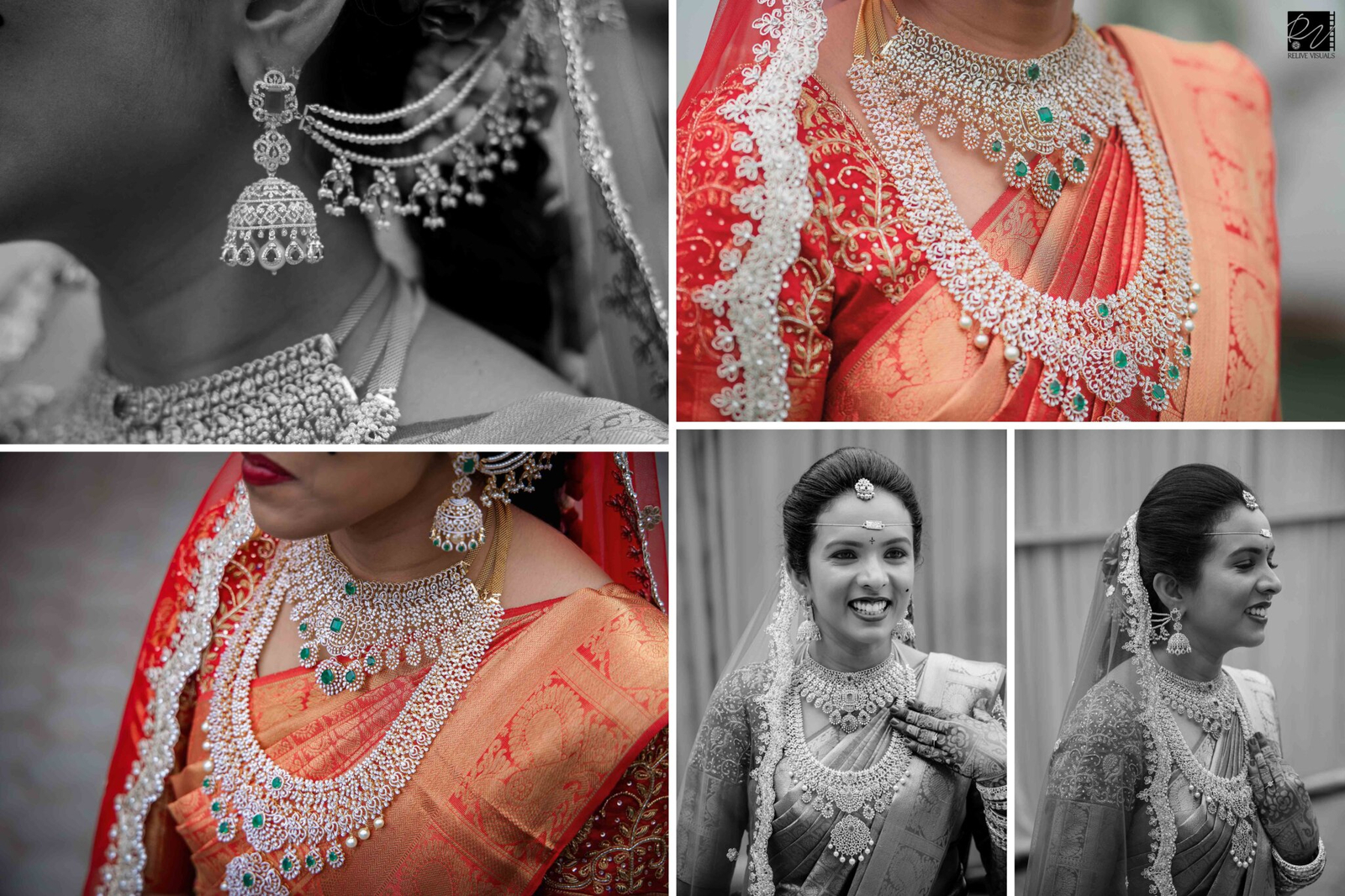 Close-up of the wedding bride’s jewelry — ornate necklace, earrings, maang tikka, and bangles gleaming with intricate craftsmanship.