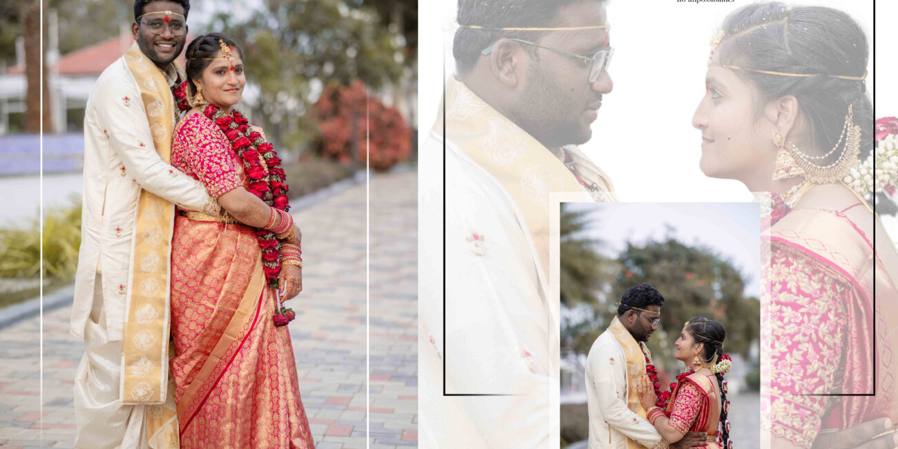"Newlywed Telugu couple posing together after their wedding ceremony, smiling with joy and elegance in traditional attire"