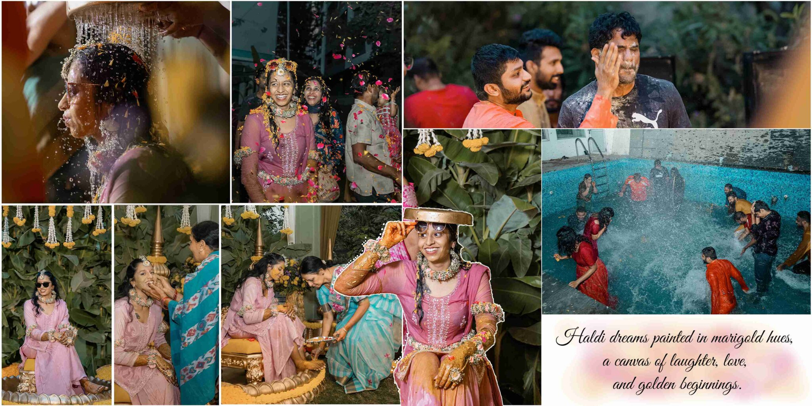 Joyful Haldi ceremony capturing the bride and groom in playful, colorful moments surrounded by friends and family applying turmeric paste with laughter and love.