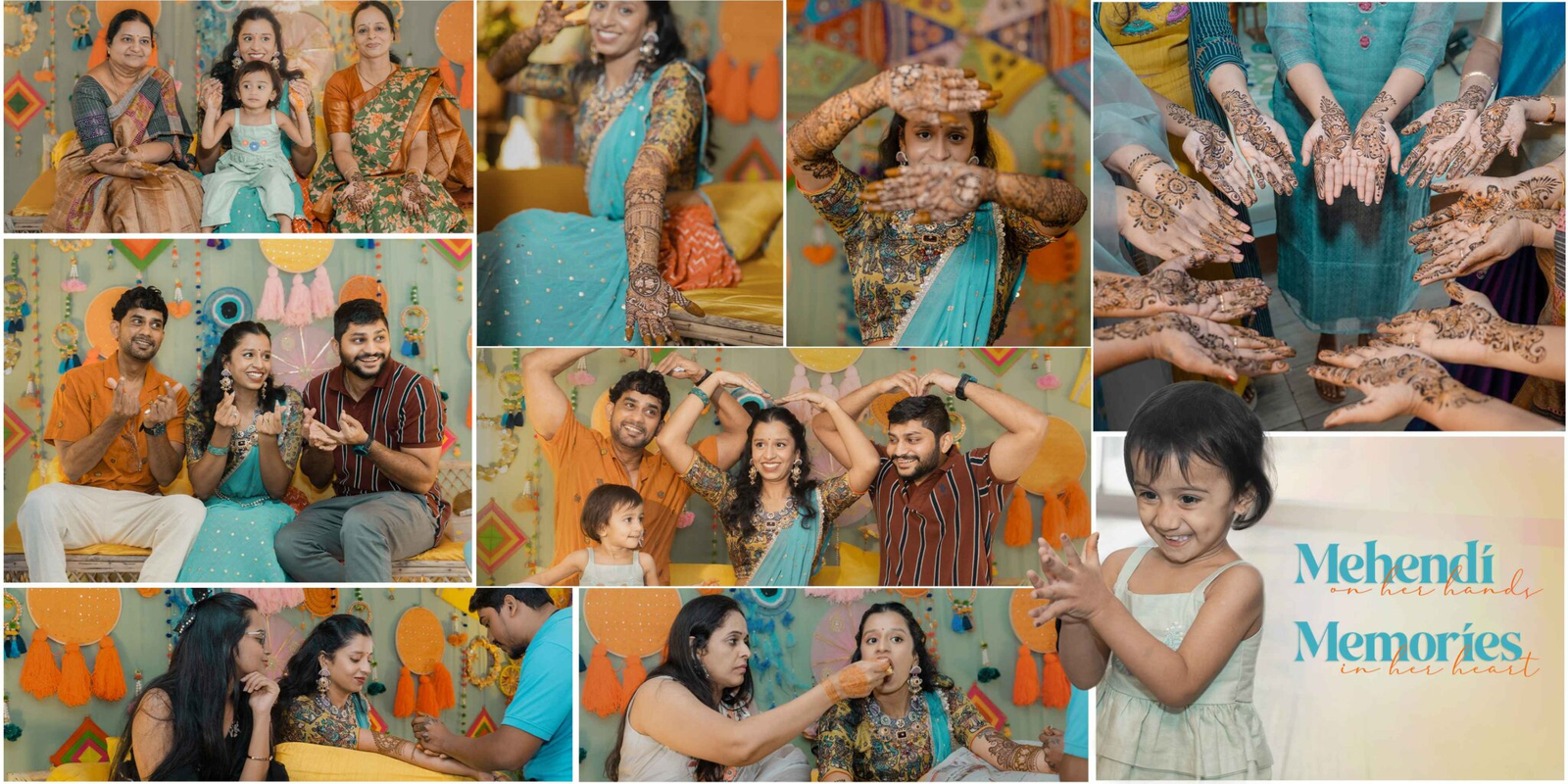Bride enjoying her Mehendi ceremony, hands adorned with intricate henna designs, surrounded by colorful décor and joyful moments with loved ones.