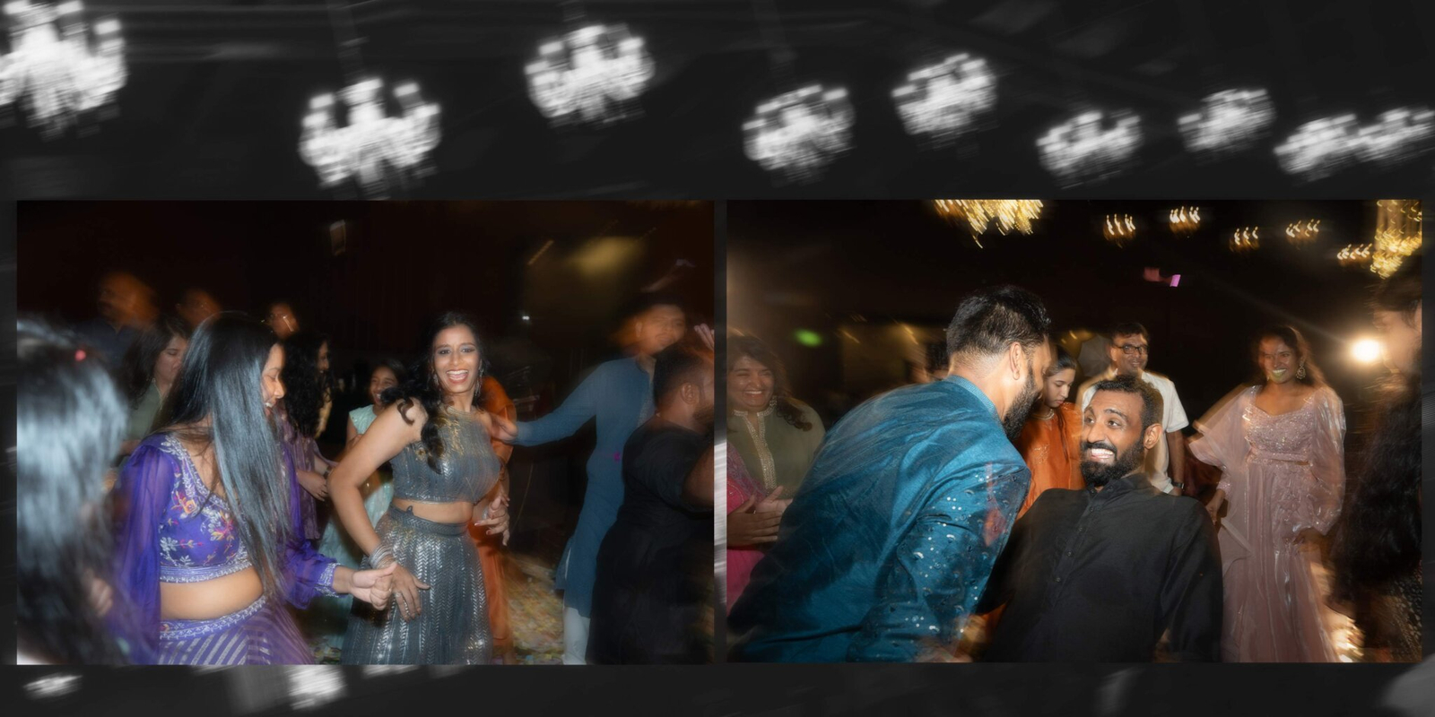 Bride and groom leading a grand dance performance with friends and family during the Sangeet, surrounded by vibrant lights and cheers.
