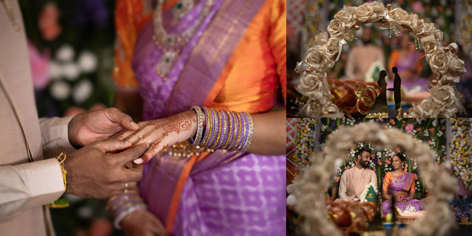 Close-up of engagement rings placed on an elegant plate, with the couple’s hands gently placing the rings in position.
