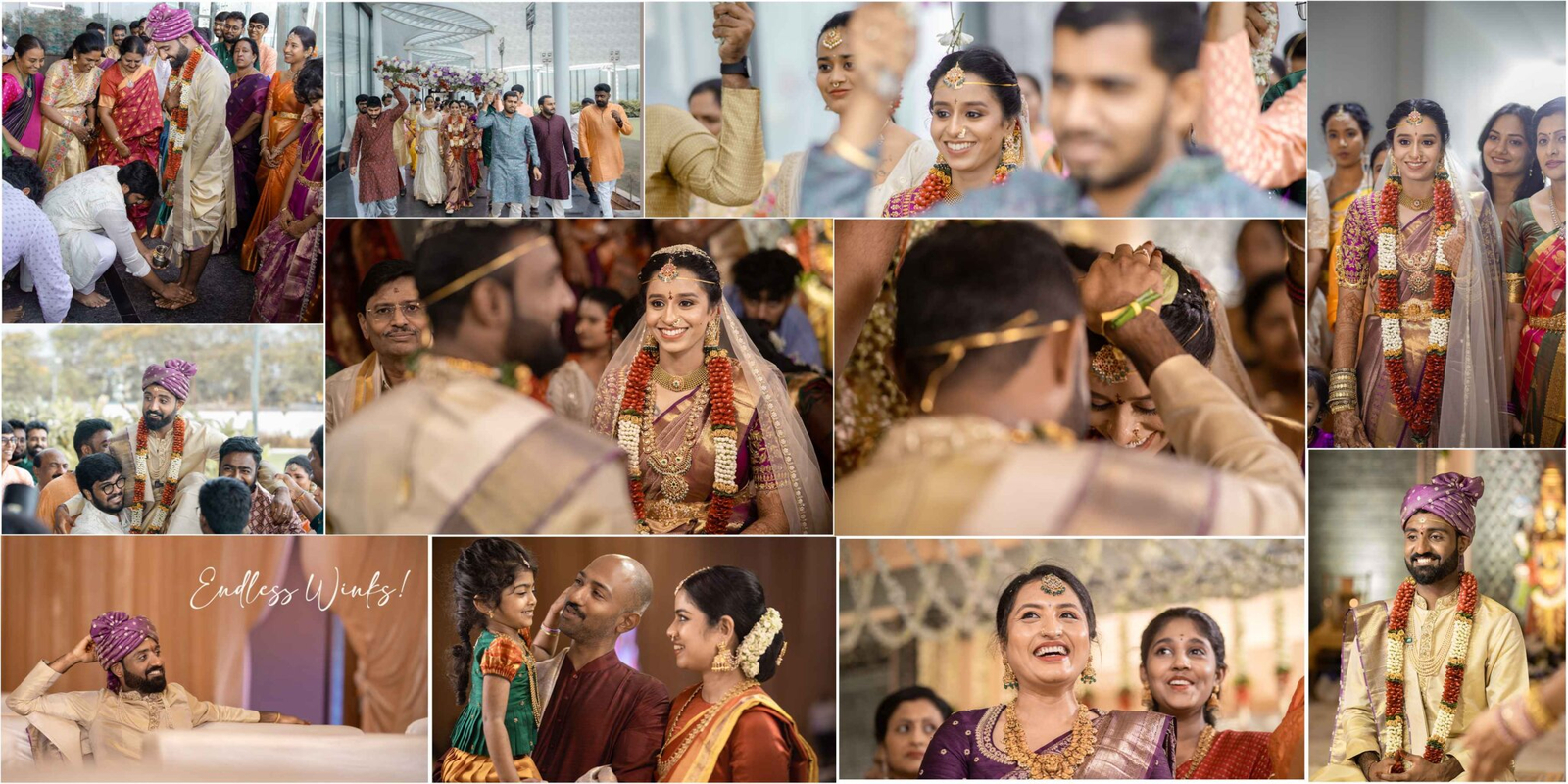 Collage showcasing the grand entries of the bride and groom, along with the sacred Jeelakarra Bellam ritual during the wedding ceremony.