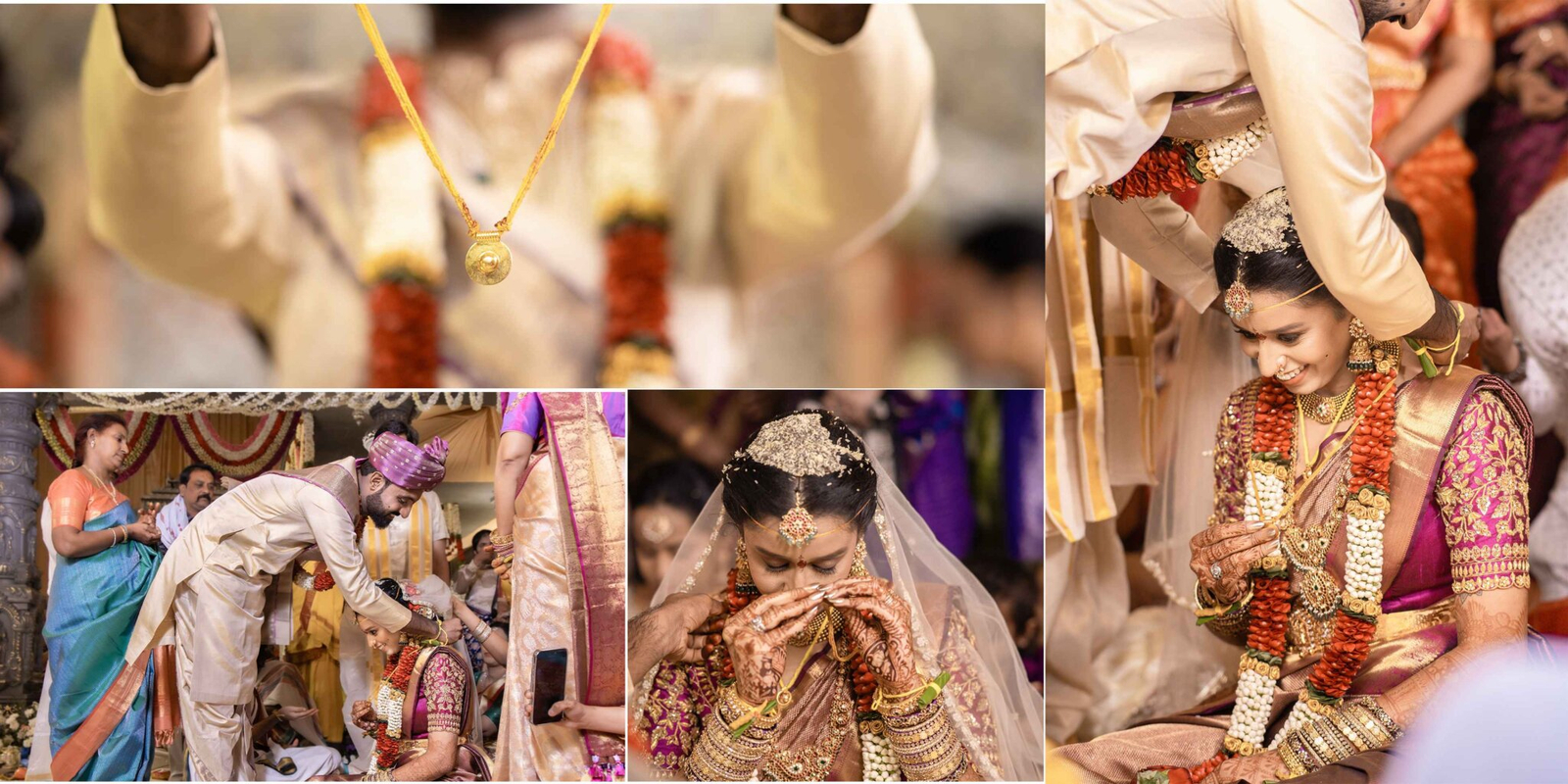 Collage featuring two moments — the groom tying the thali around the bride’s neck during the wedding ritual, and the bride holding the thali up to her eyes with a smile.