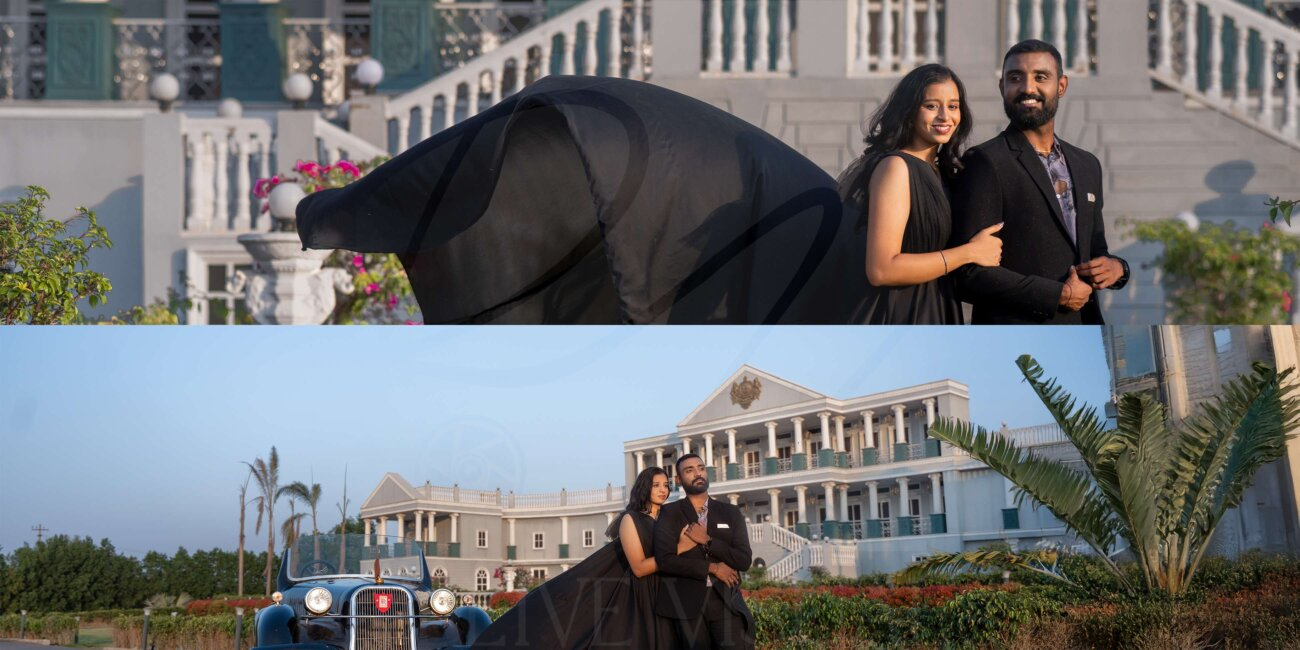 Wide-angle portrait of the couple, with the bride’s flowing dress dramatically lifted in the air, creating a cinematic and elegant scene.