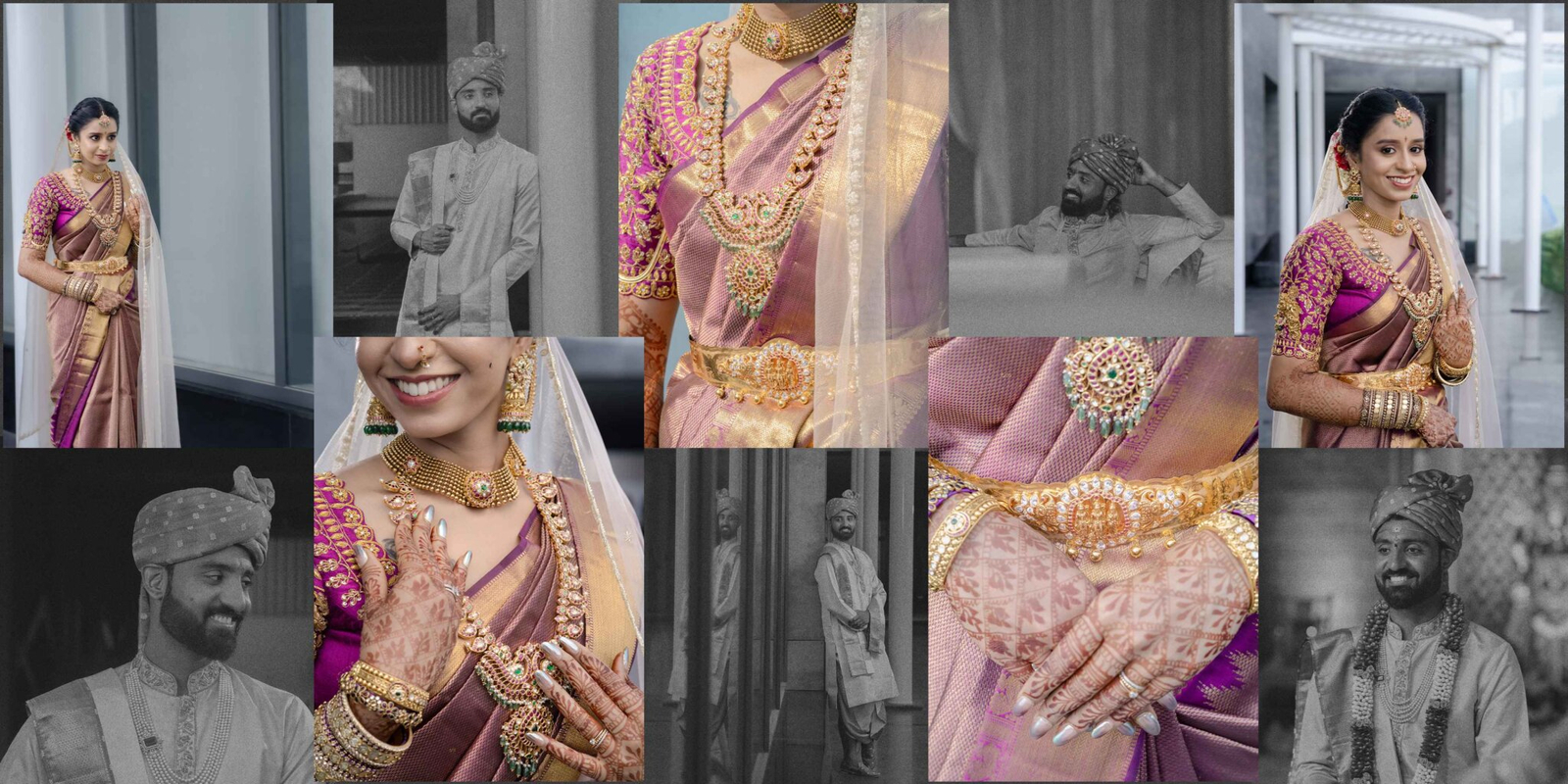 Collage featuring a close-up of the bride’s intricate jewelry and an elegant portrait of the groom in his wedding attire.