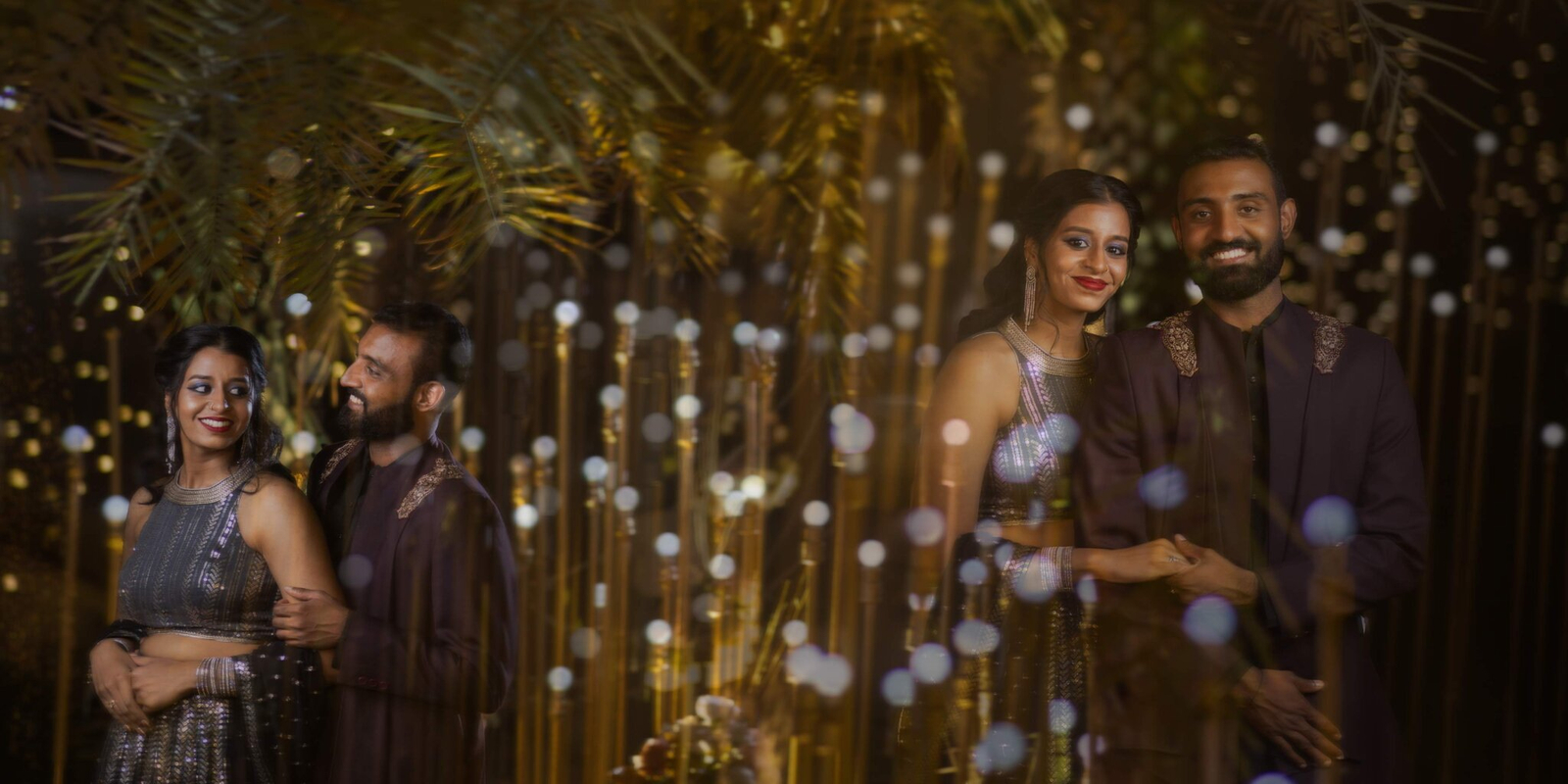 Romantic portraits of the couple taken before the Sangeet celebration, capturing their elegance, joy, and anticipation for the night ahead.