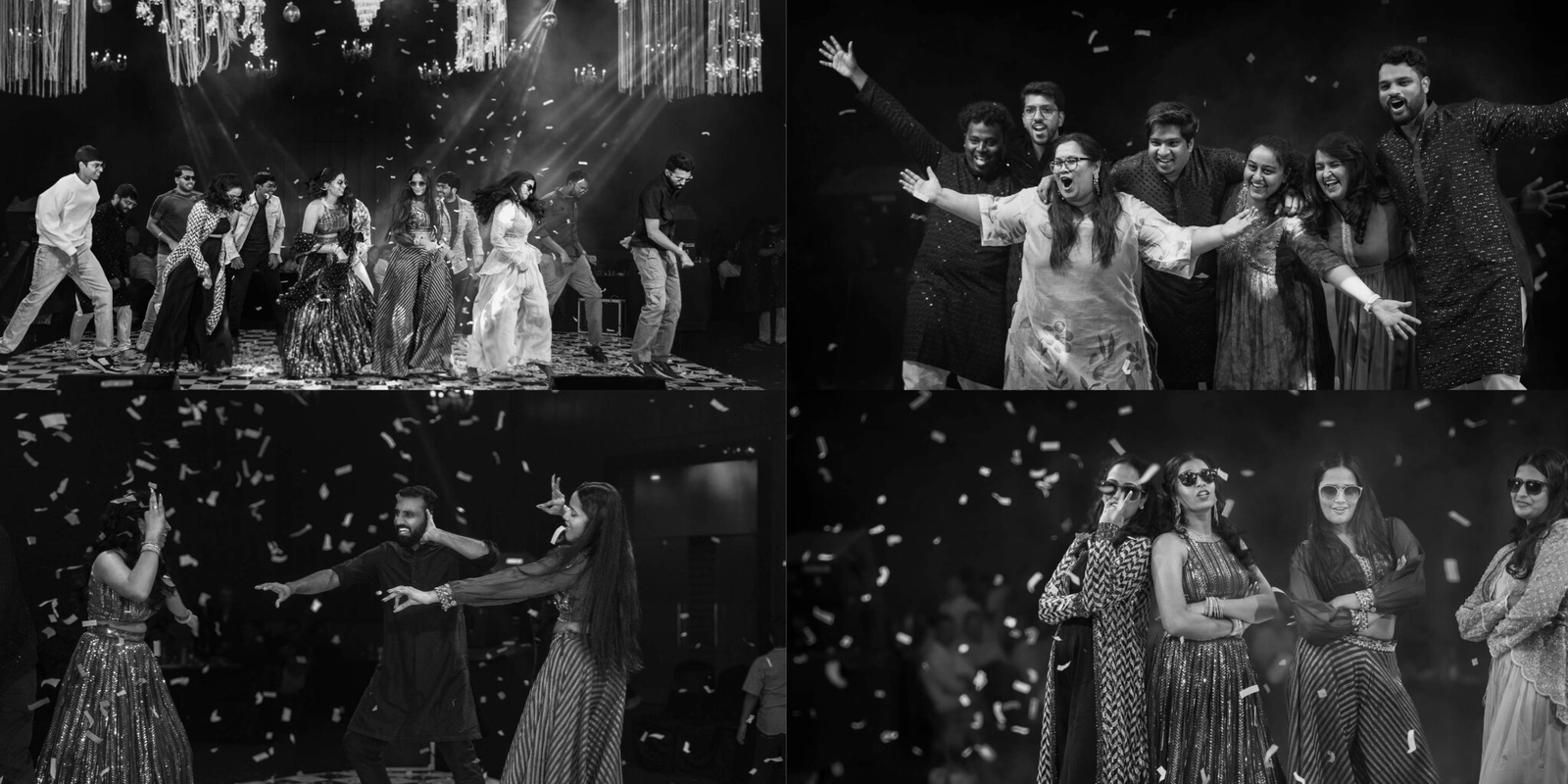 Lively group dance performance with friends and family, filled with synchronized moves, bright smiles, and festive energy.