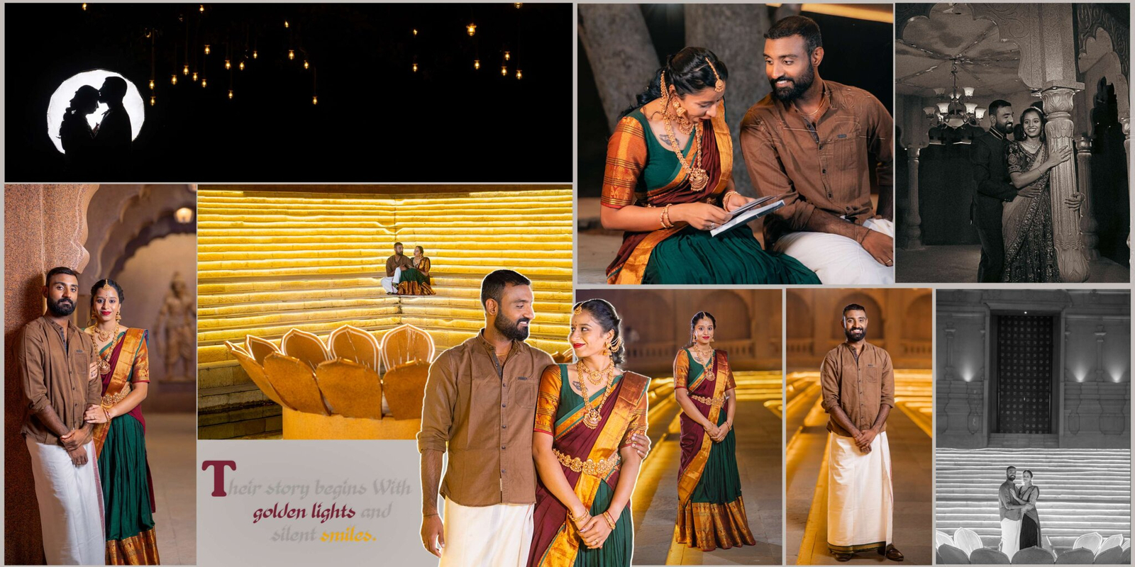 Couple photoshoot where the groom surprises the bride with a heartfelt gesture, followed by elegant portraits of the bride and creative couple shots.
